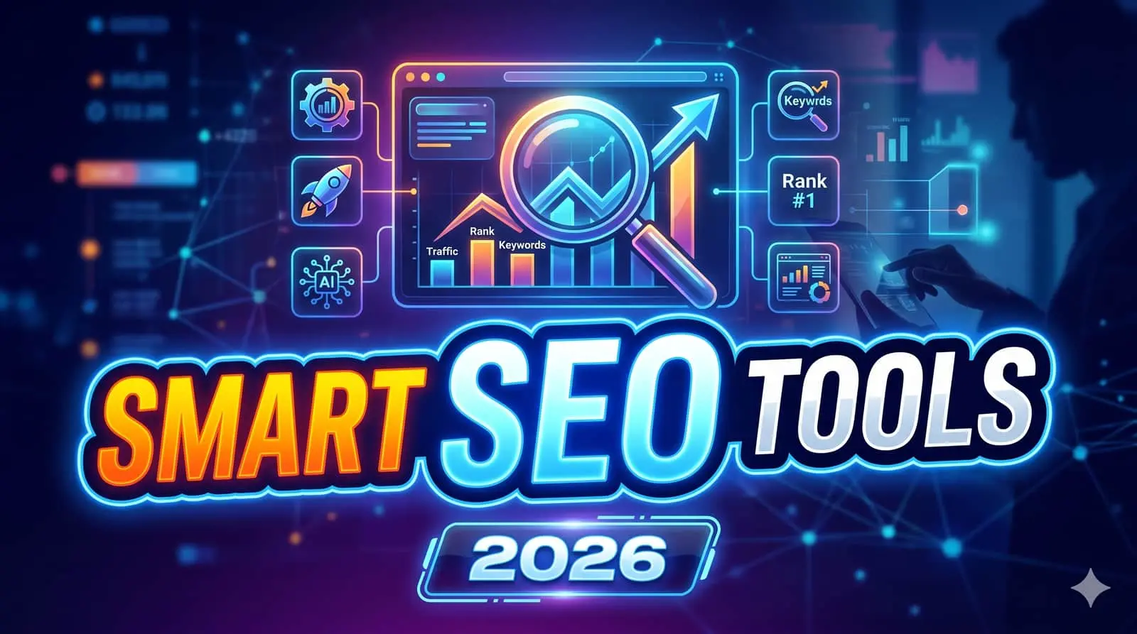 Smart SEO tools dashboard 2026 concept with AI analytics