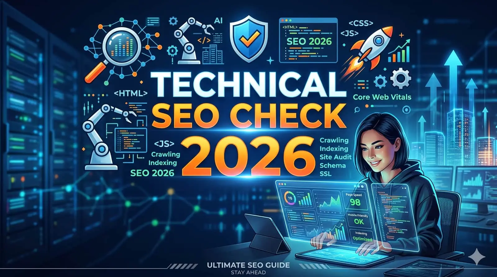 Technical SEO check 2026 dashboard visualization with SMARTCHAINE interface