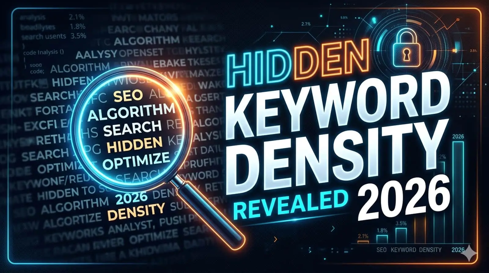 Hidden keyword density 2026 concept: magnifying glass on natural text with semantic clusters
