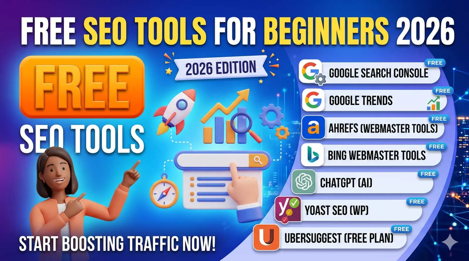Free SEO tools for beginners 2026 — dashboard concept with modern gradient