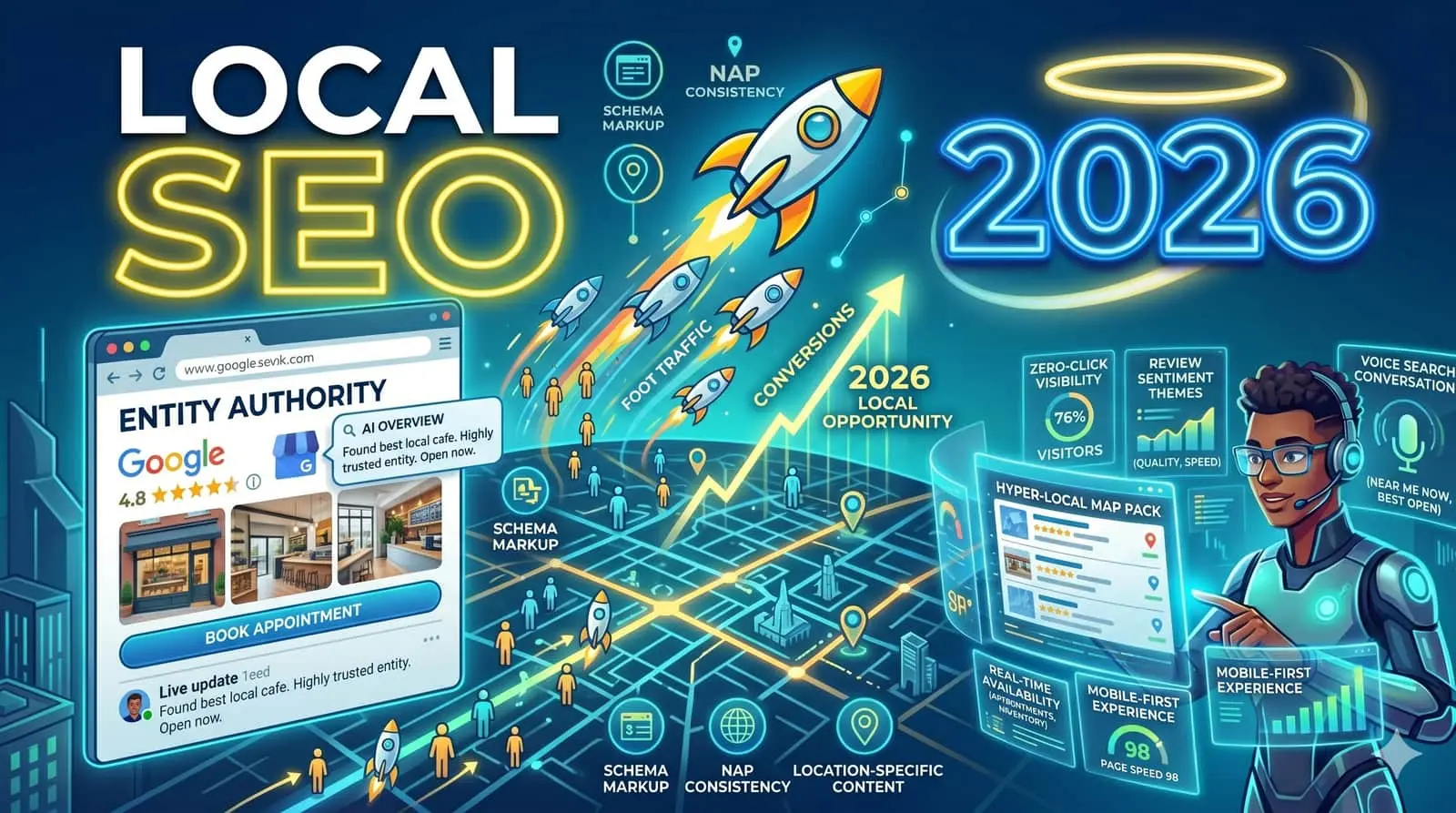 Local SEO 2026 concept: map pins, location markers, and AI analytics dashboard