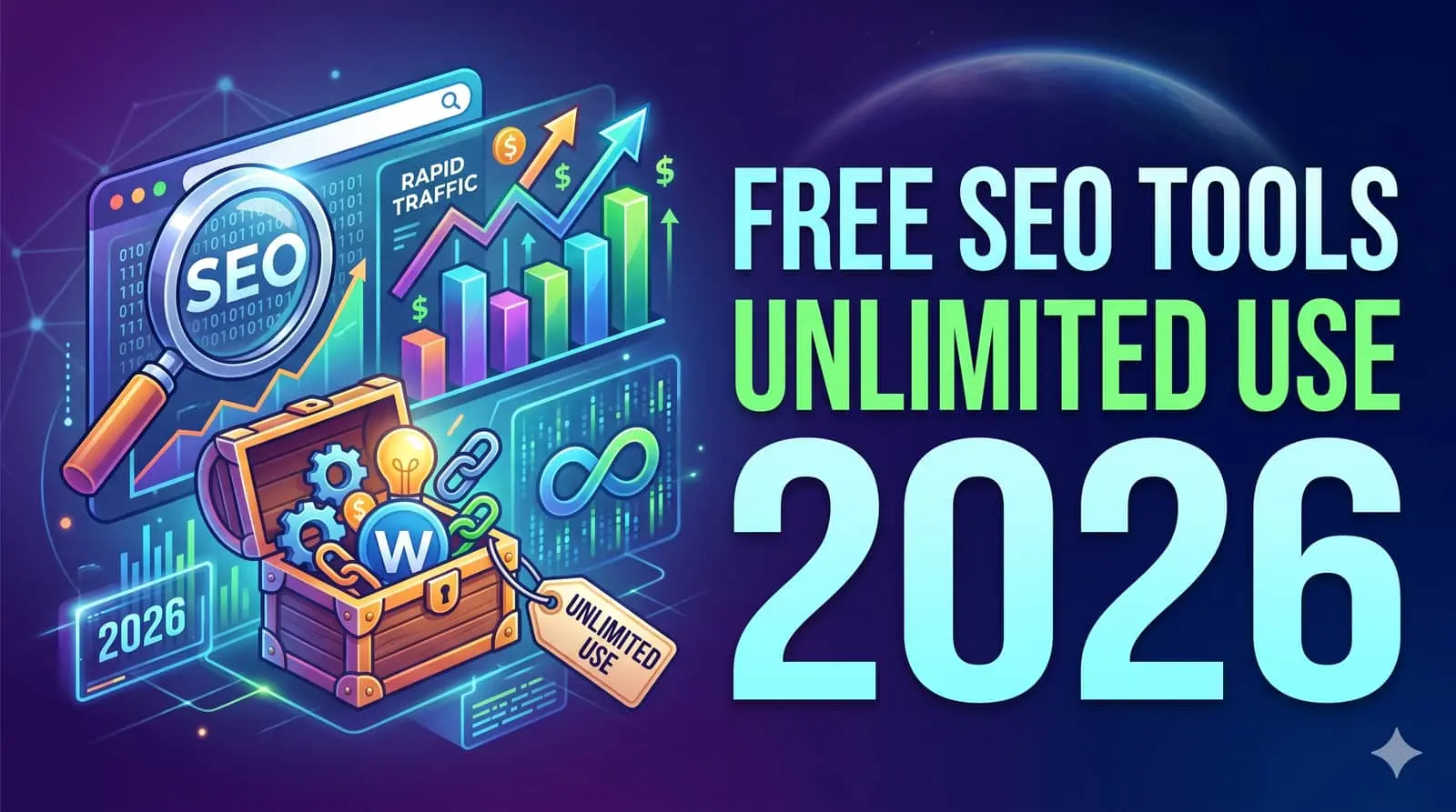 Free SEO tools unlimited use 2026 dashboard concept with SMARTCHAINE interface