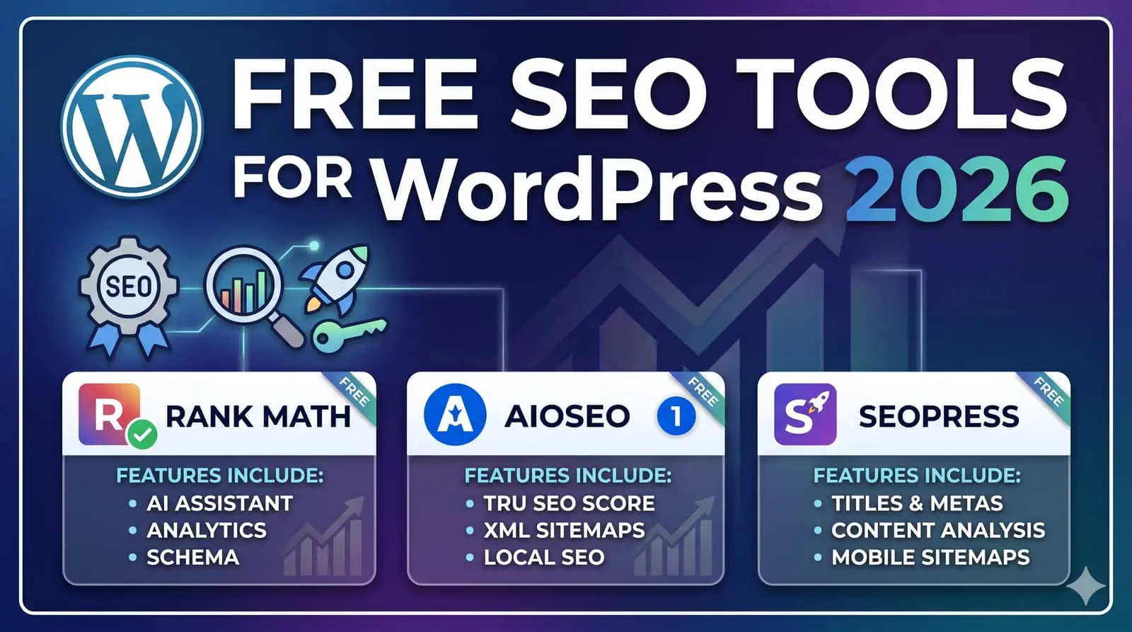 Free SEO tools for WordPress 2026 dashboard concept