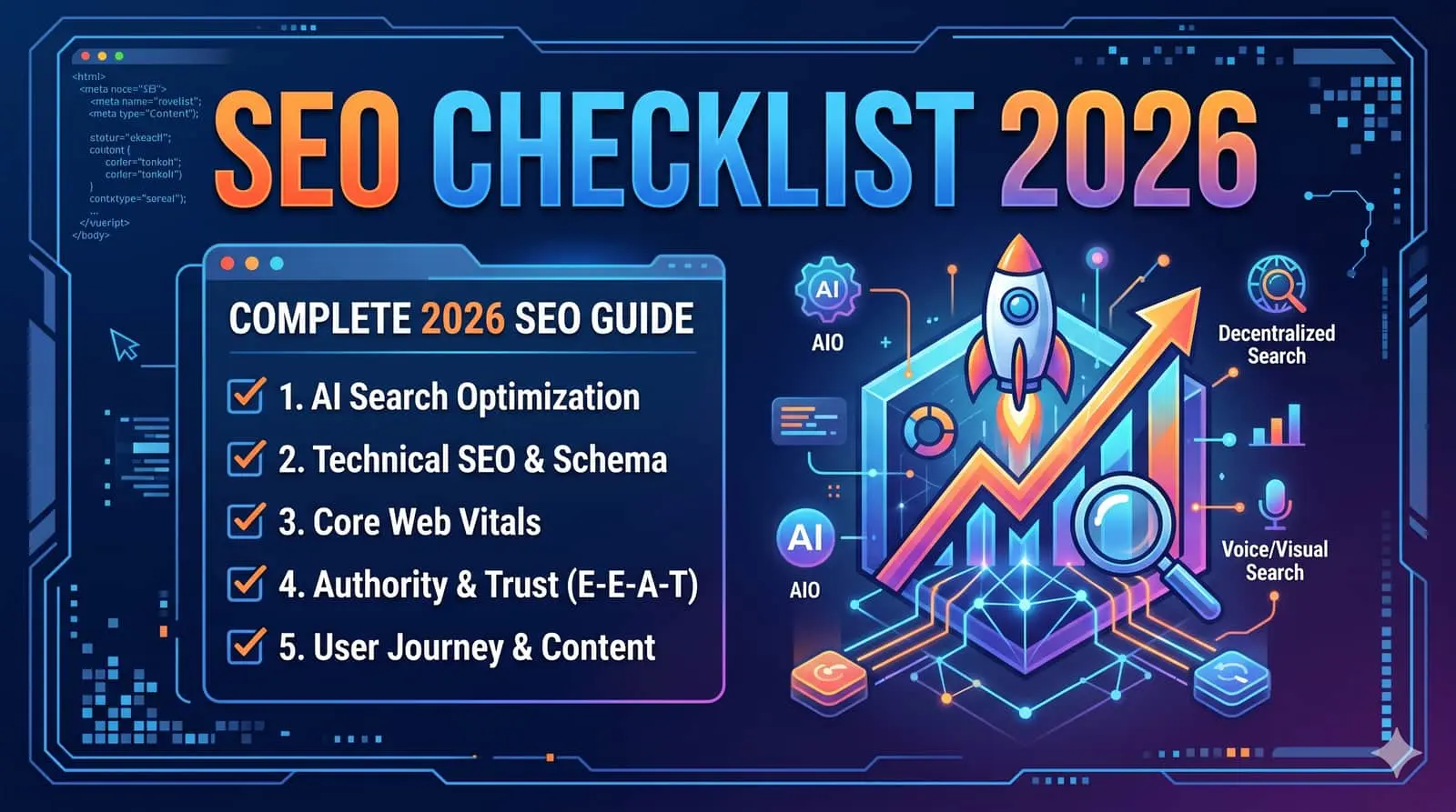 SEO checklist 2026 dashboard illustration with SMARTCHAINE premium tools - modern ranking signals