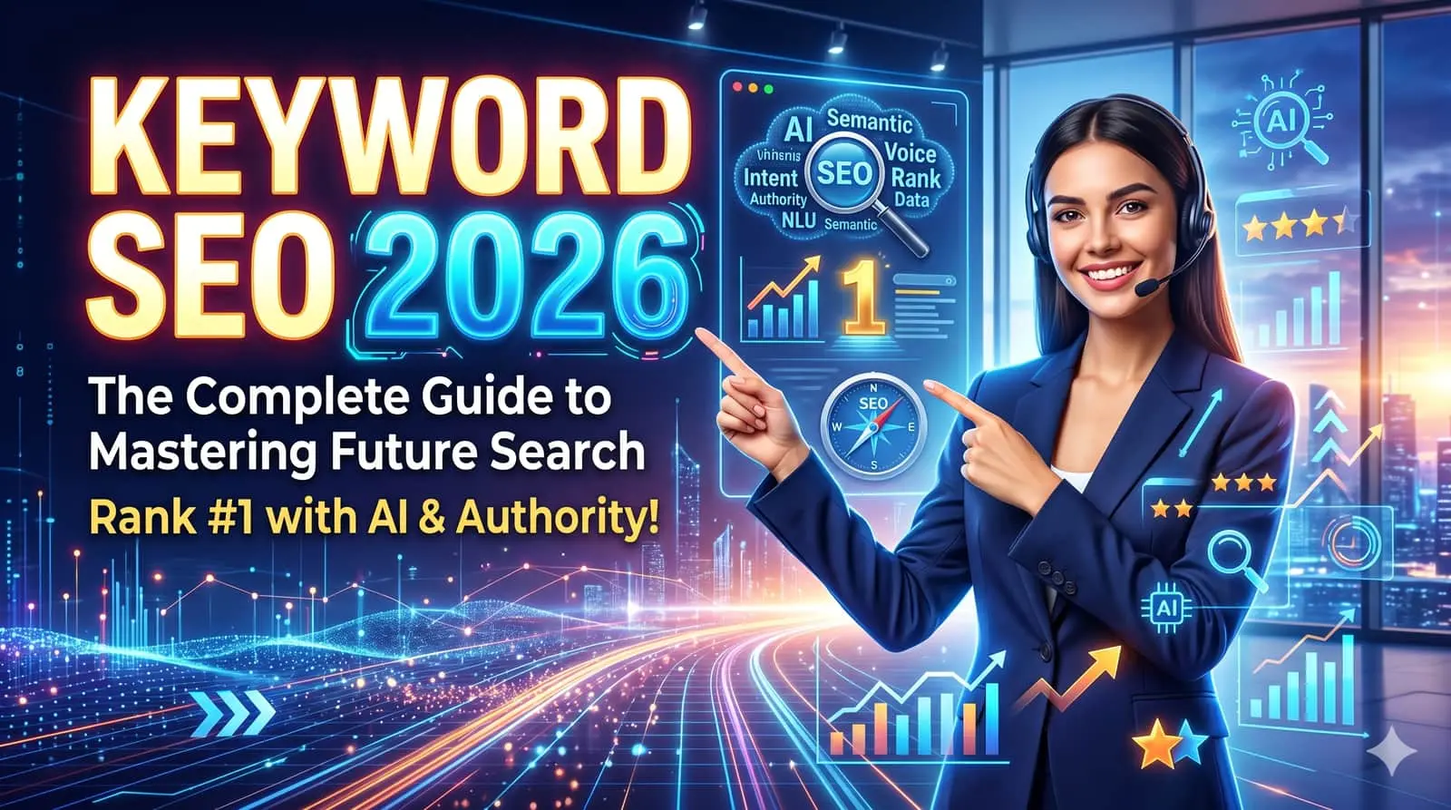 Keyword SEO 2026 dashboard concept with analytics and futuristic interface