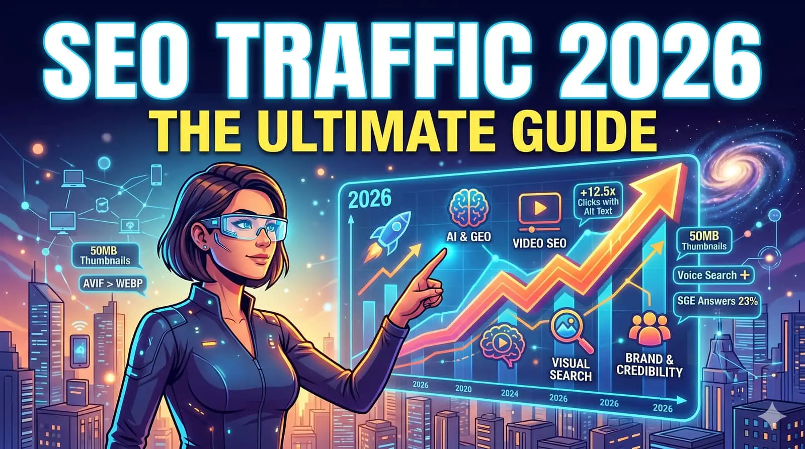 SEO traffic 2026 growth chart and AI search optimization visualization with modern dashboard design