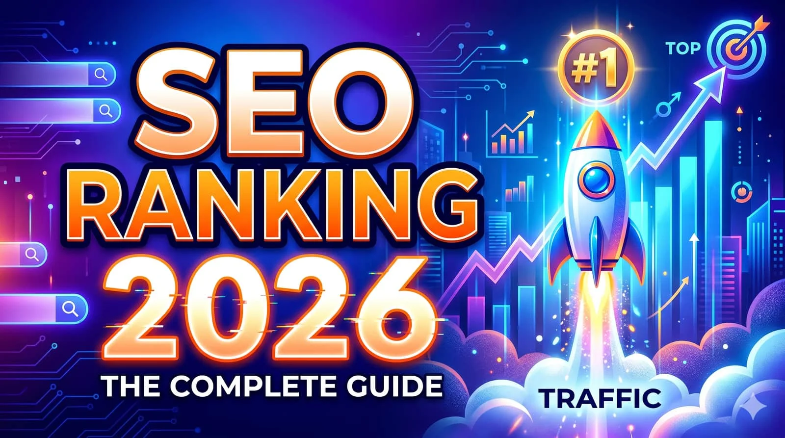 SEO ranking 2026 futuristic dashboard showing graph and AI analytics, SMARTCHAINE interface concept