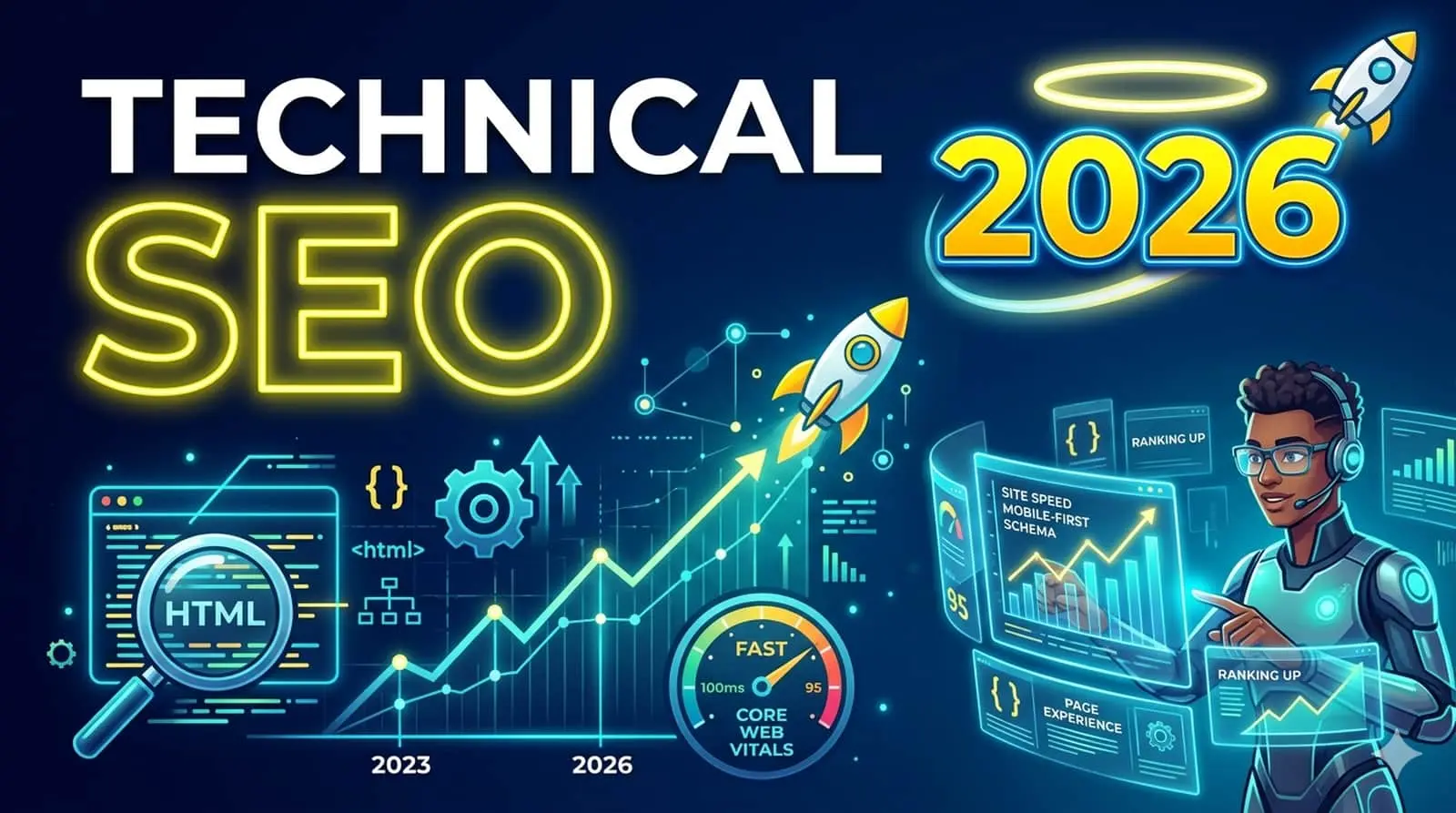 Technical SEO 2026 concept: website code, Core Web Vitals dashboard, and AI crawler visualization