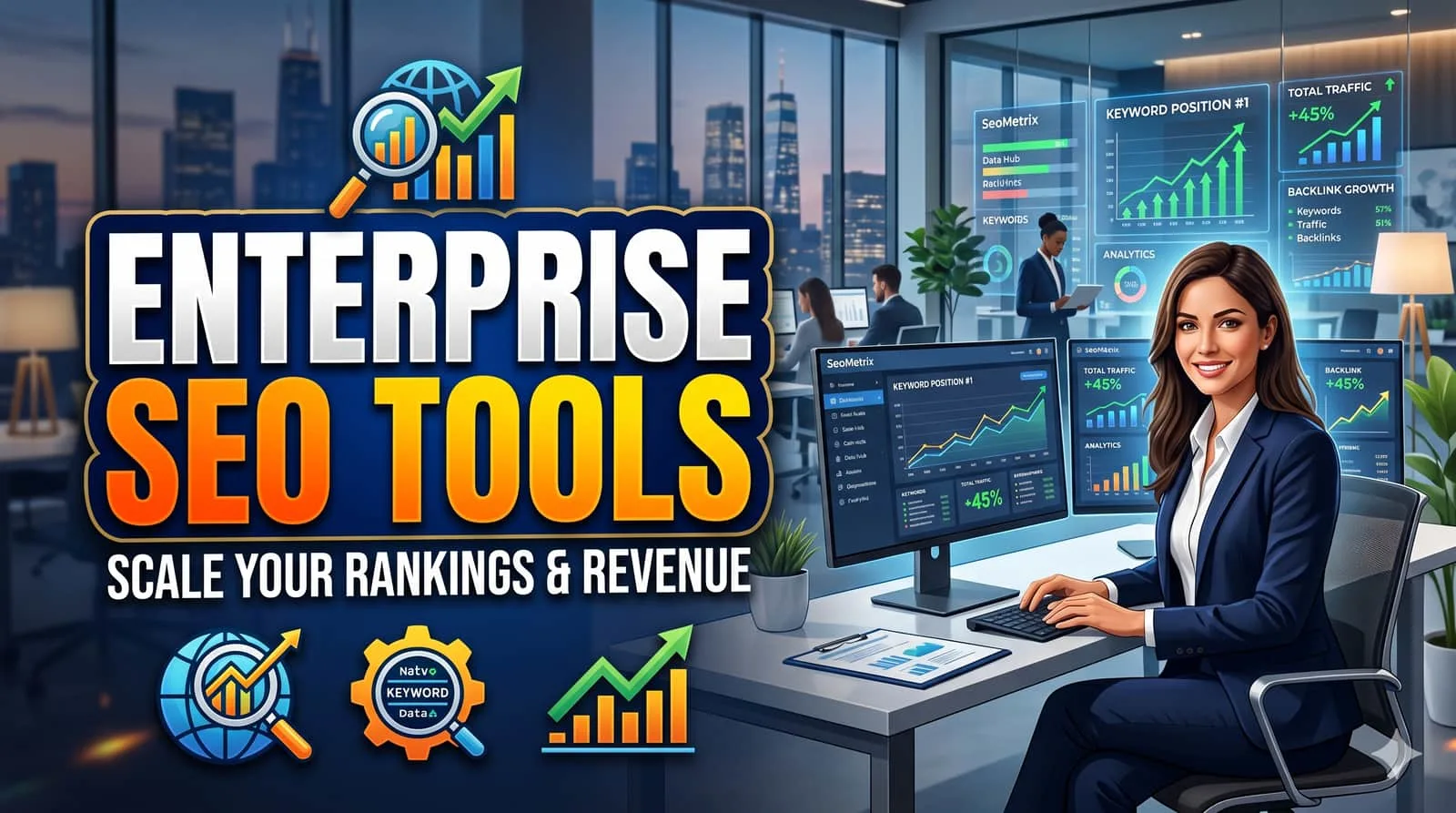 Enterprise SEO tools dashboard with performance metrics and ranking graphs