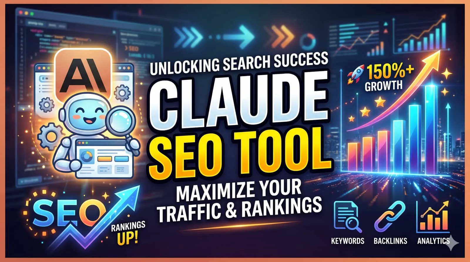 Claude SEO tool dashboard showing analytics, keyword research, and growth metrics on SMARTCHAINE platform