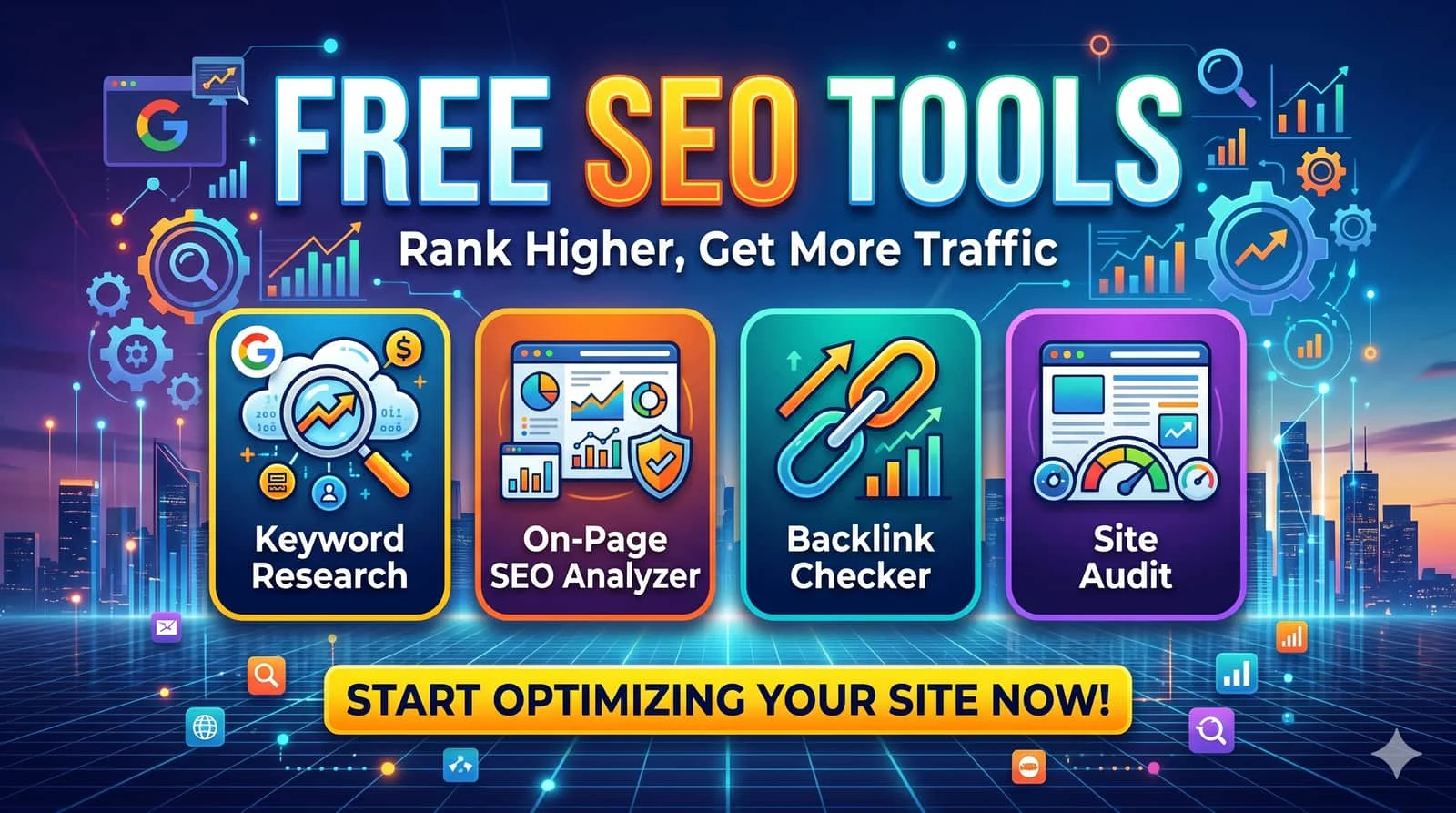 Free SEO tools dashboard showing keyword rankings and site health metrics - SMARTCHAINE overview