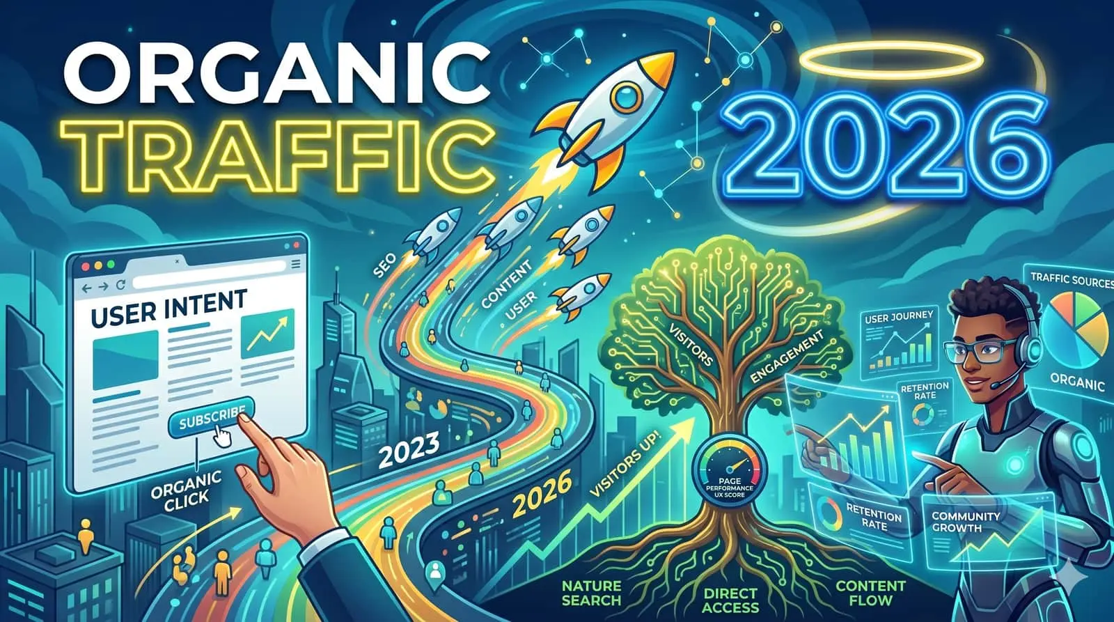 Organic traffic 2026 growth chart with AI and search analytics visualization