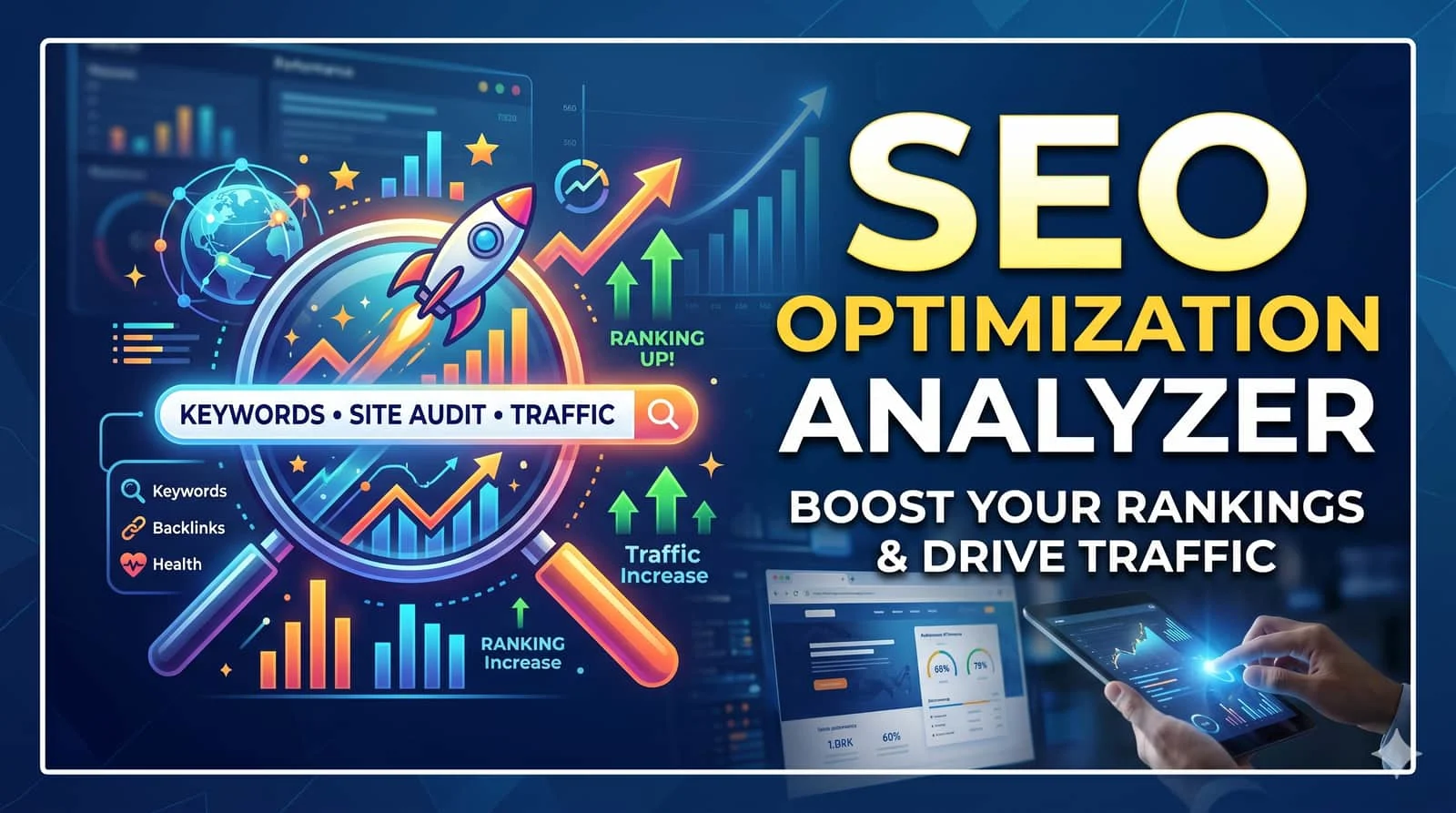 SEO optimization analyzer dashboard showing technical errors and content score