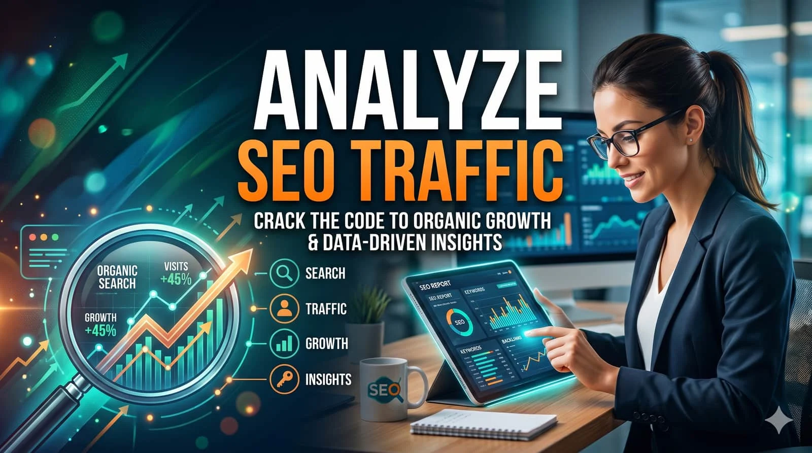 SEO Traffic Analysis dashboard with graphs and magnifying glass over organic data