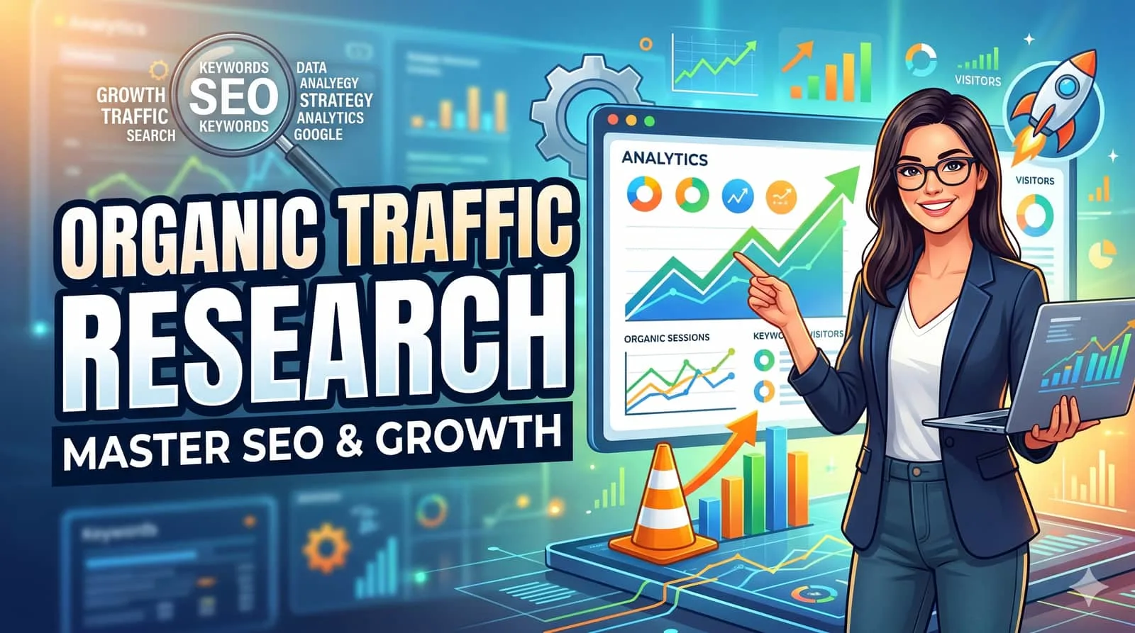 Organic traffic research illustration with magnifying glass on rising chart and search data nodes