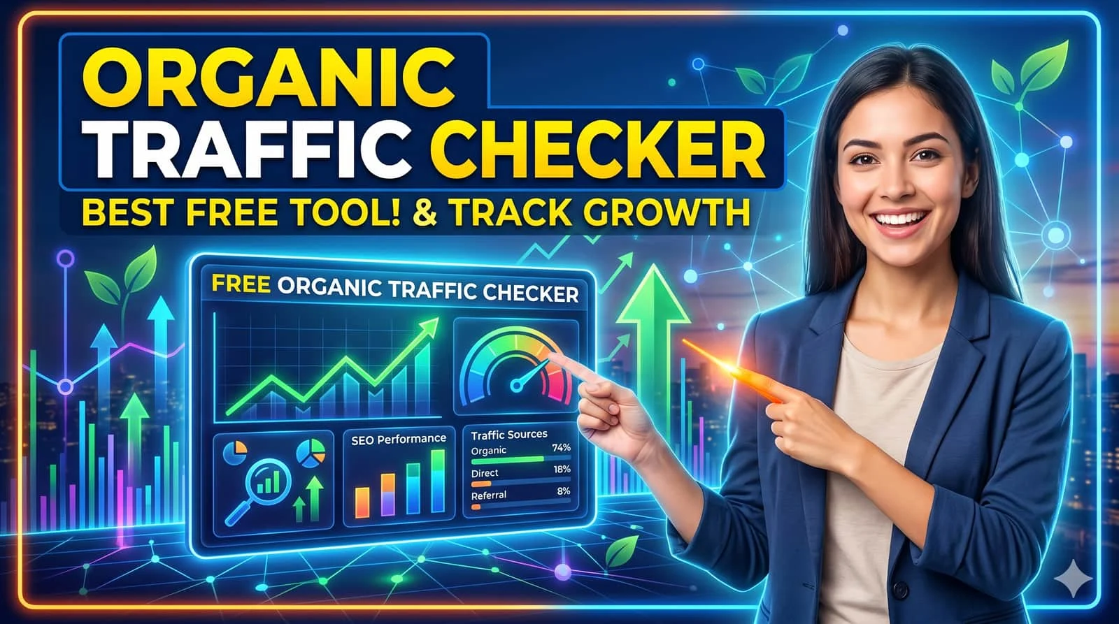 Organic traffic checker dashboard with rising chart and SEO keywords on laptop screen