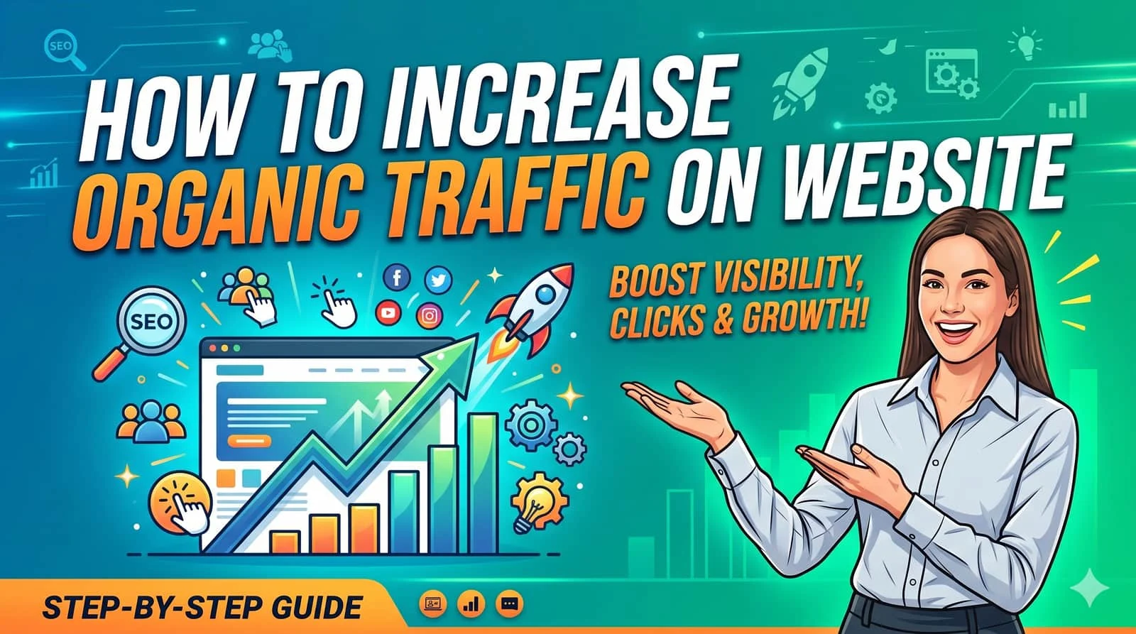 Analytics chart with upward organic traffic trend and a magnifying glass over SEO insights — modern dashboard style