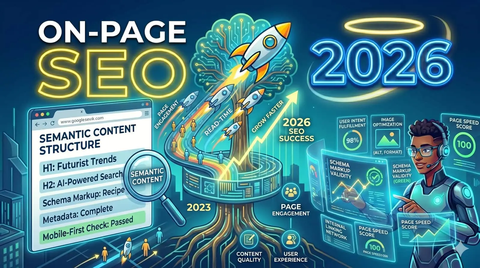 On page SEO 2026 dashboard concept with futuristic analytics