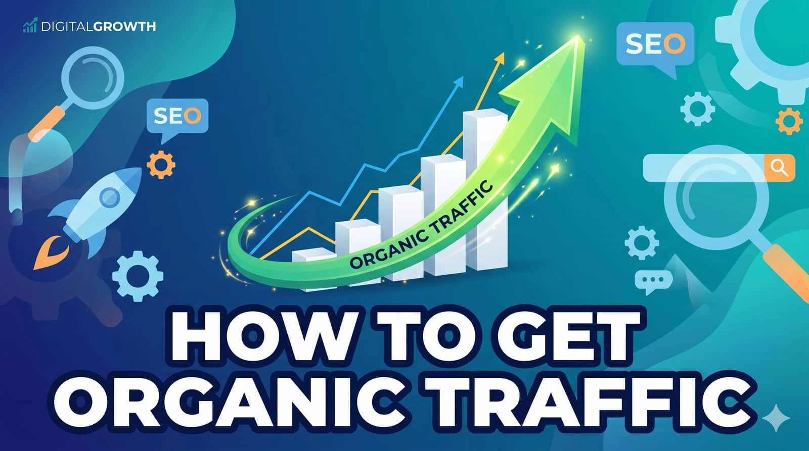How to get organic traffic - modern SEO dashboard showing rising search visibility and content clusters