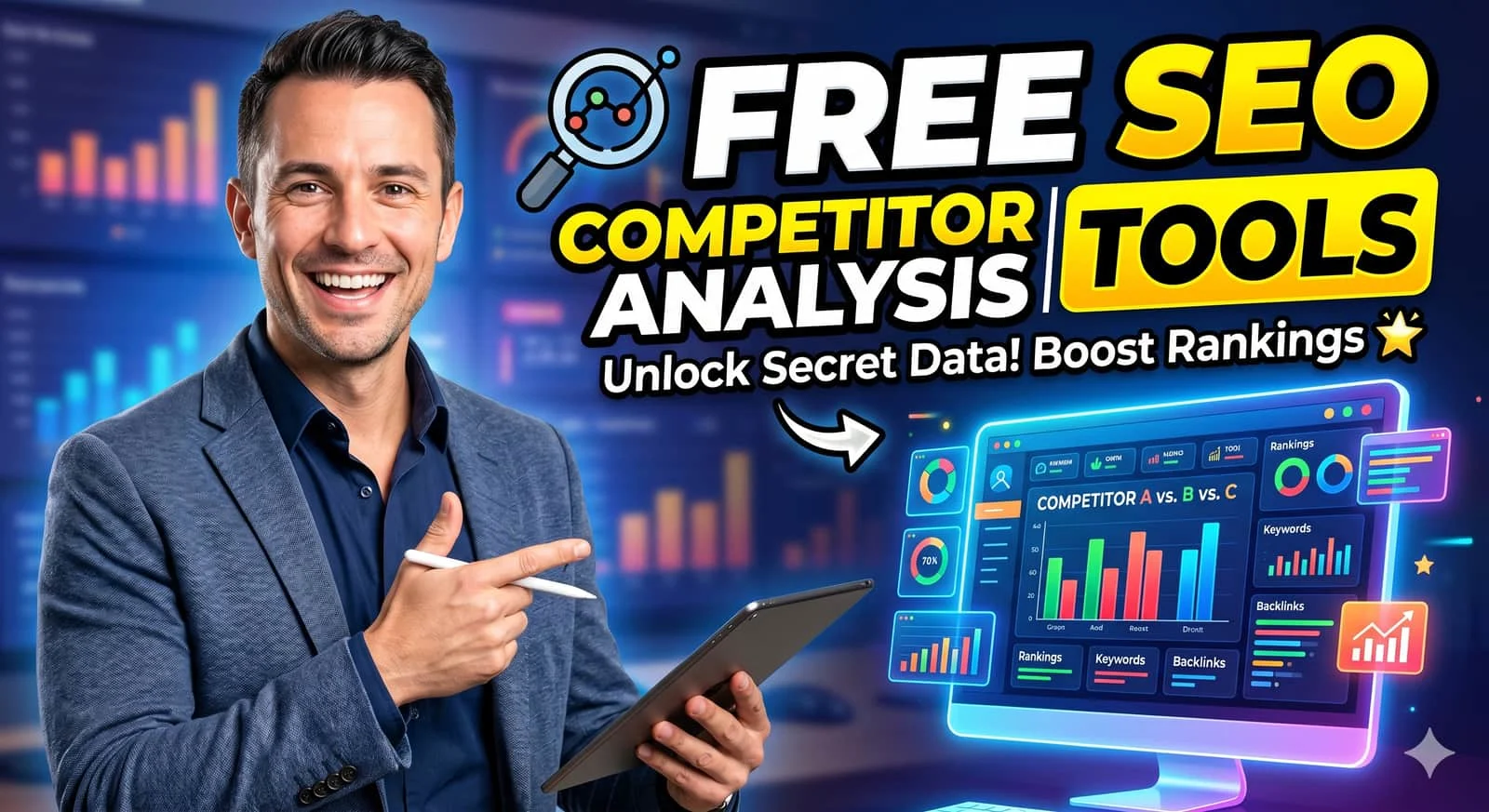 Free SEO competitor analysis tools magnifying glass over a digital competitor dashboard with charts and graphs