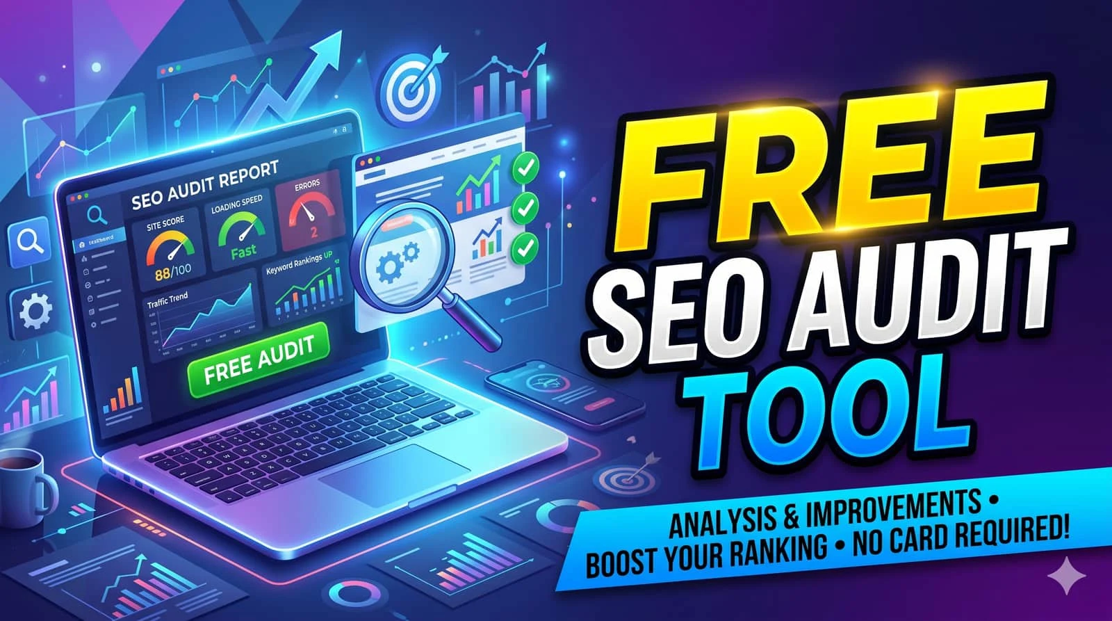 Free SEO audit tool dashboard showing site health score, crawl errors, and actionable recommendations