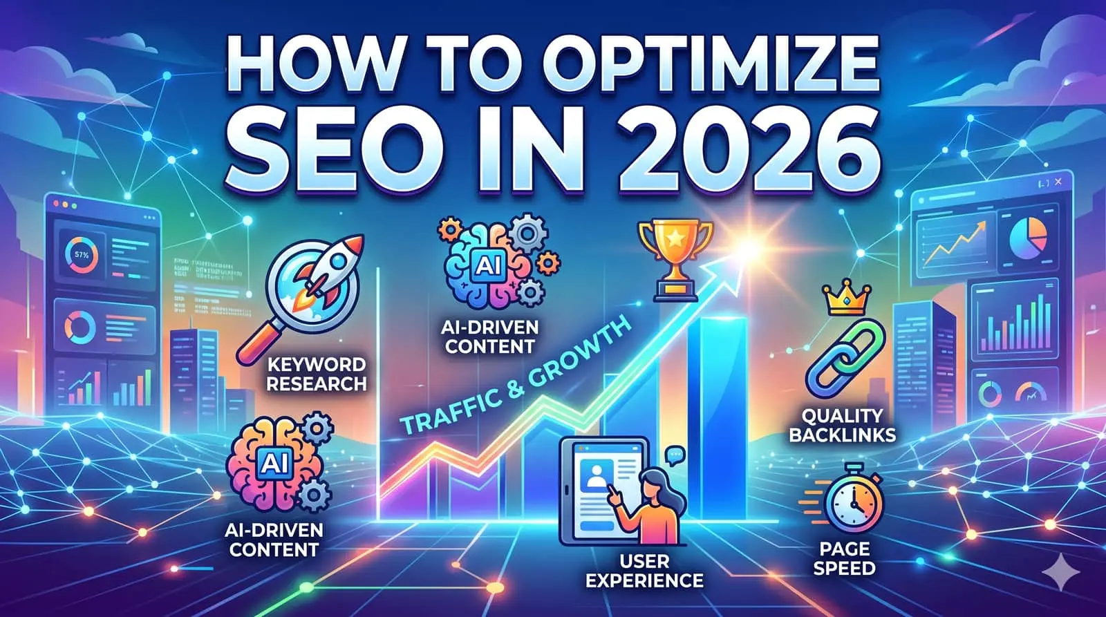 How to optimize SEO in 2026: SEO strategy meeting with AI Overviews and analytics dashboard
