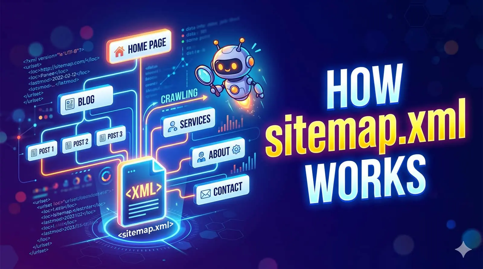 How sitemap.xml works - visual diagram showing search engine bots reading XML sitemap