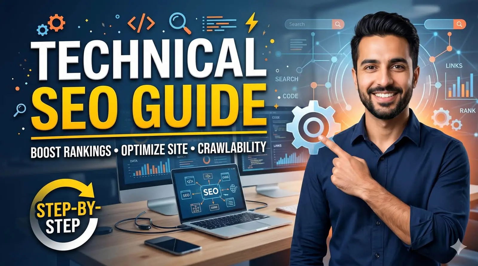 Technical SEO guide illustration showing crawlers, Core Web Vitals dashboard, and schema markup elements