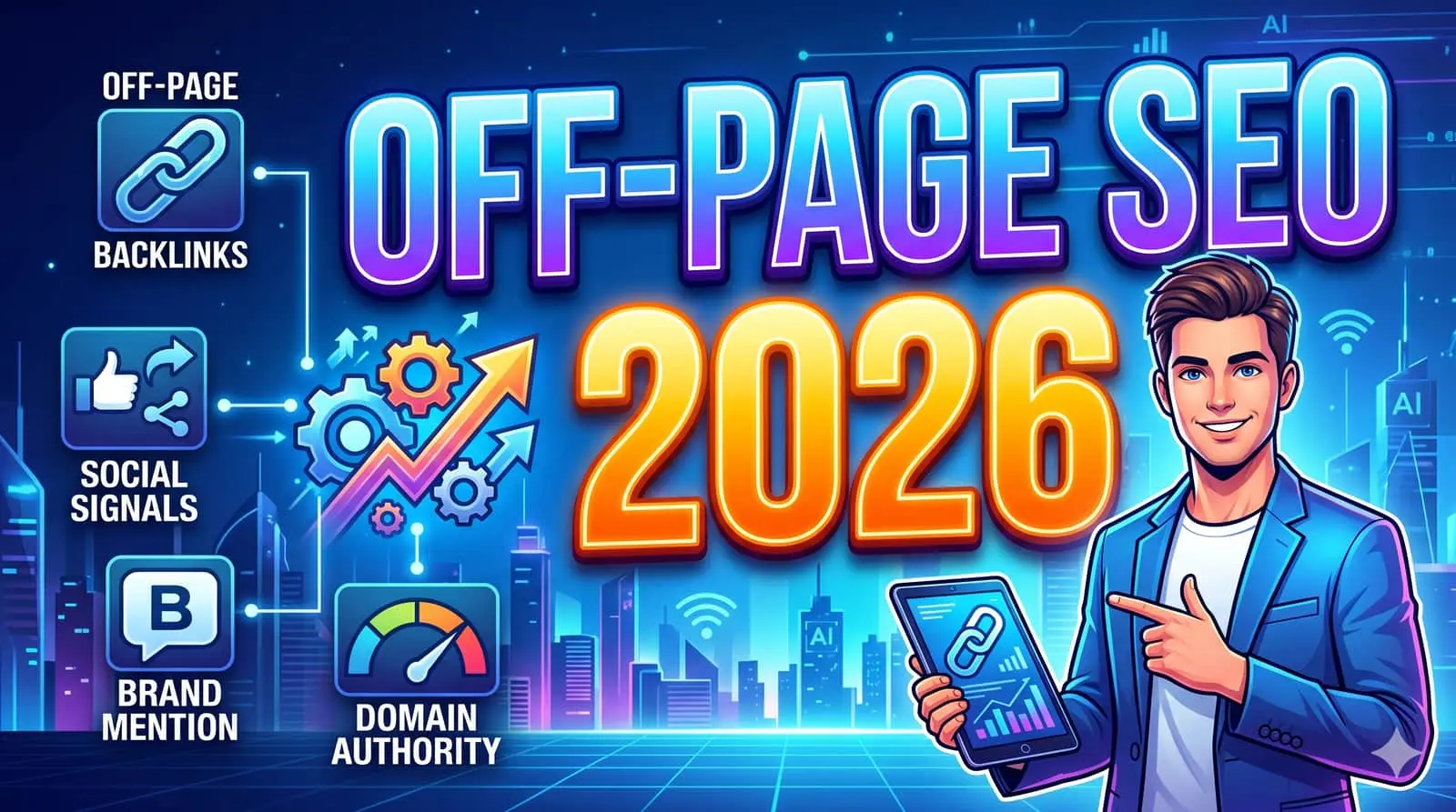 Off page SEO 2026 concept with link building and brand signals