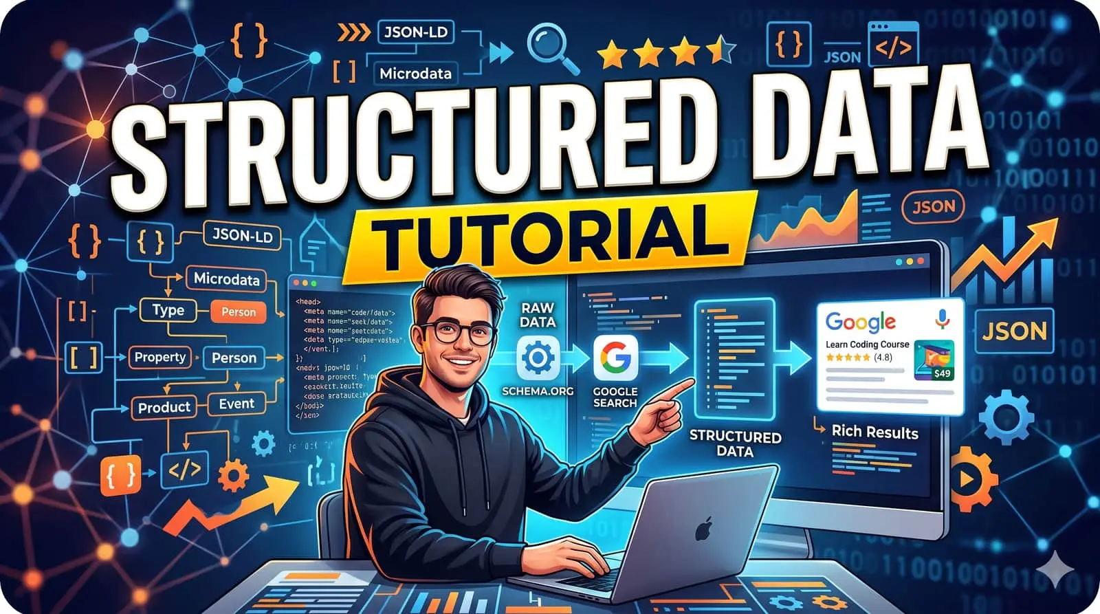 Structured data tutorial concept - schema markup blocks floating above search result snippets