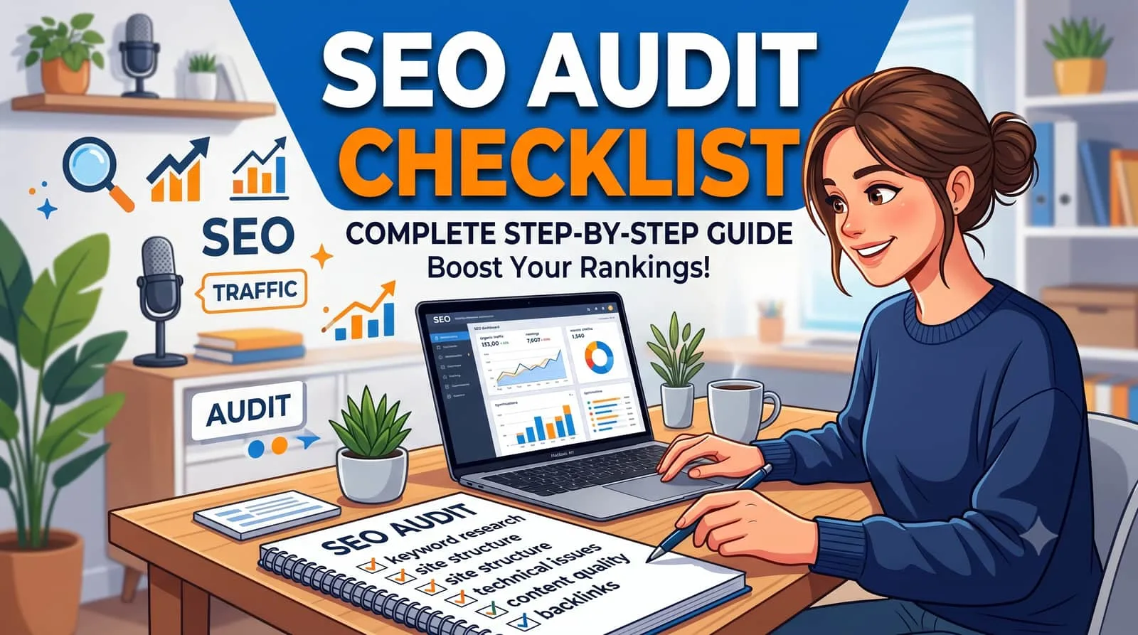 SEO audit checklist thumbnail: magnifying glass on a digital dashboard showing broken links, meta tags and core web vitals