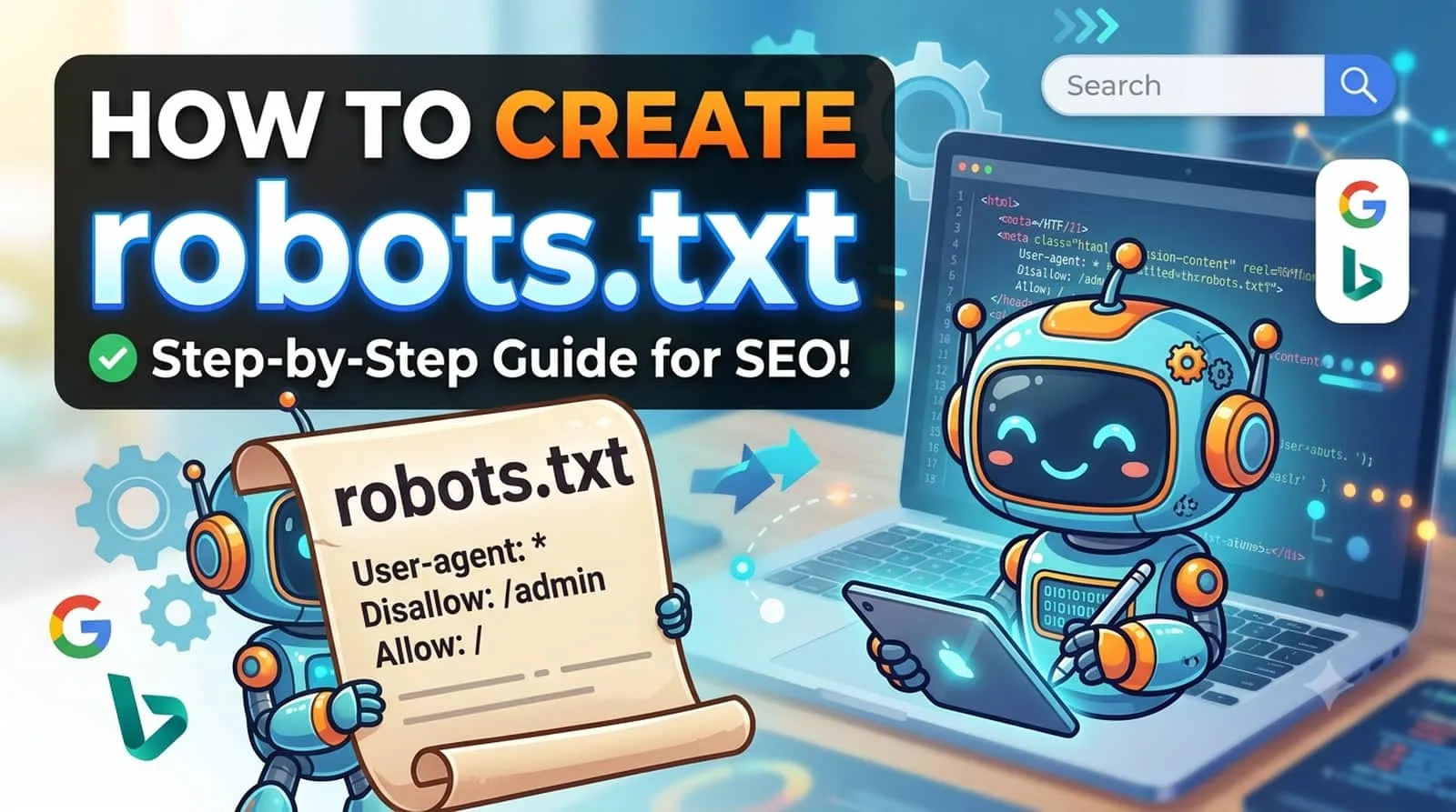 How to create robots.txt file - step by step visual workflow with code editor and search console