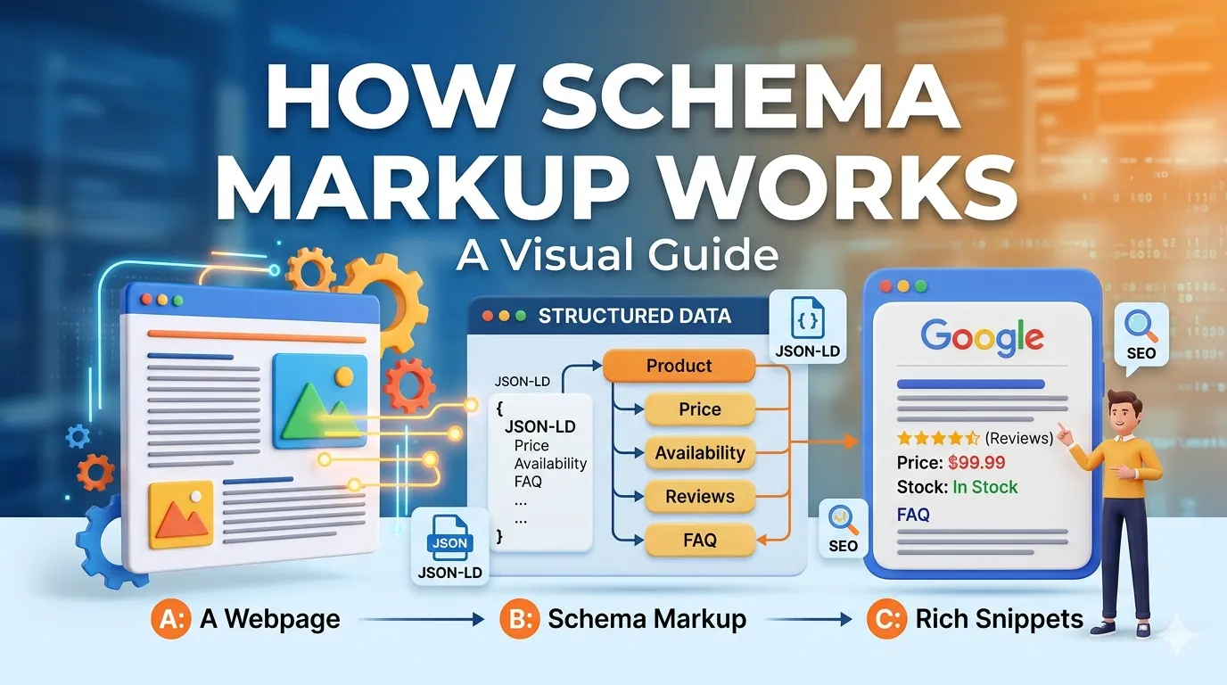 How Schema Markup Works - visual diagram explaining structured data and SEO impact