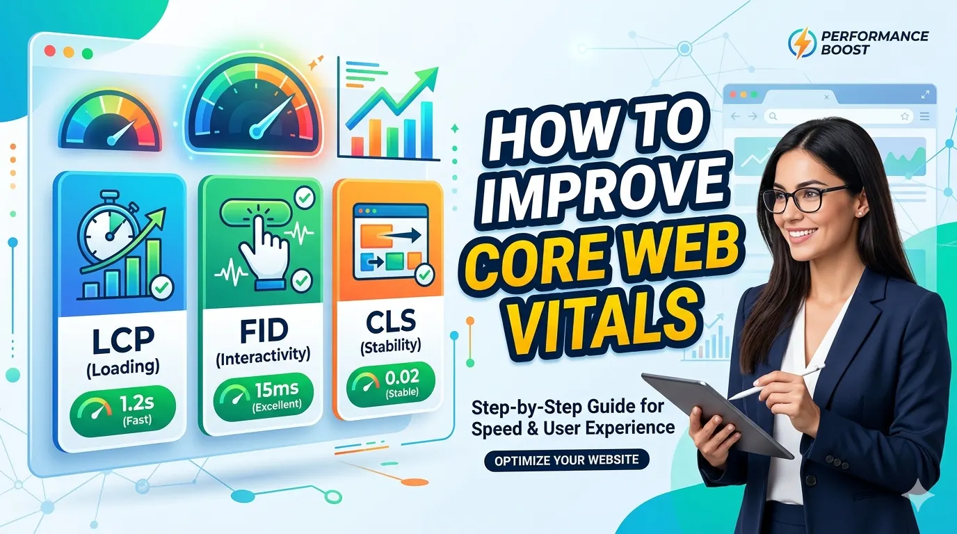 How to Improve Core Web Vitals – dashboard with LCP, INP, CLS metrics and optimization checklist