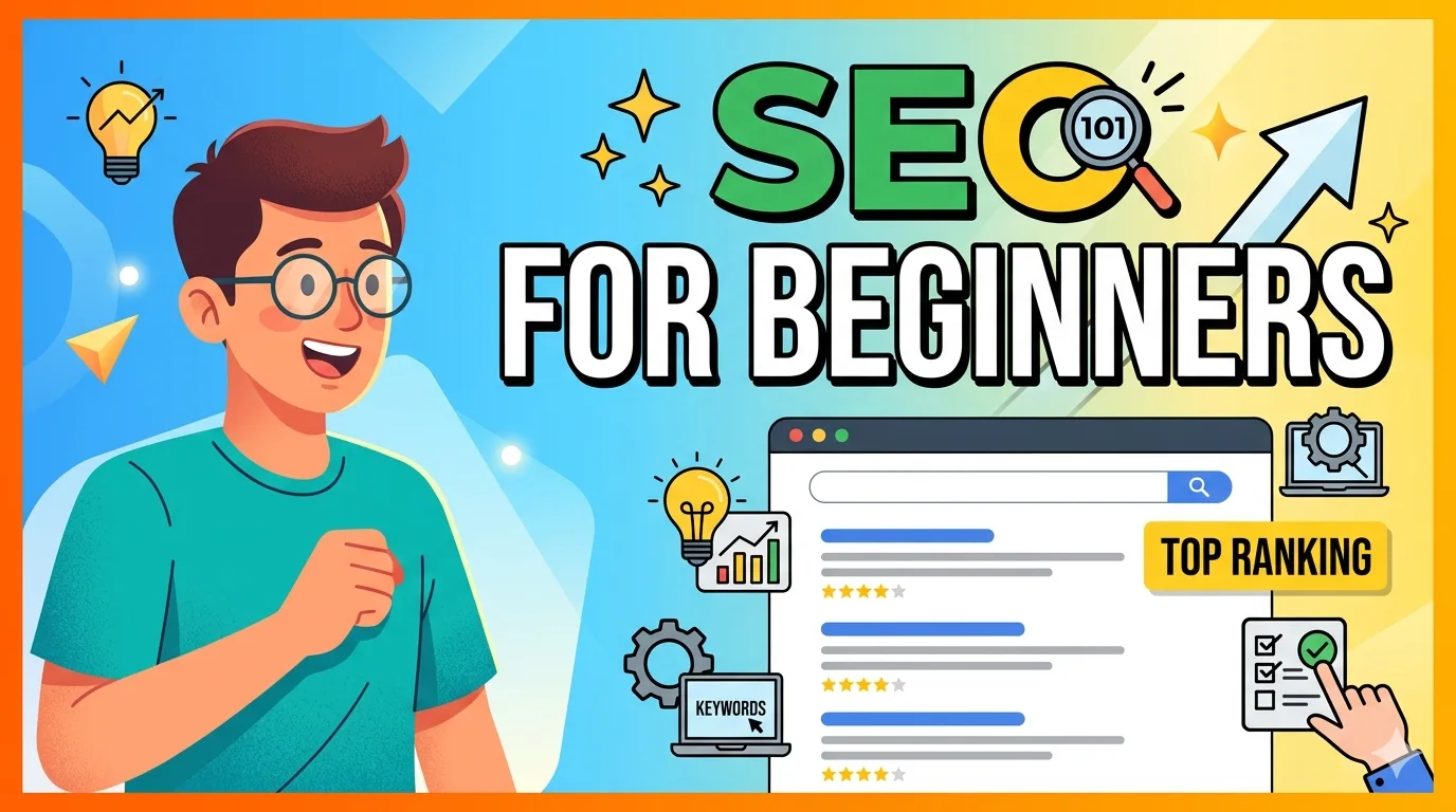 SEO for beginners: upward trending graph and magnifying glass on modern dashboard interface