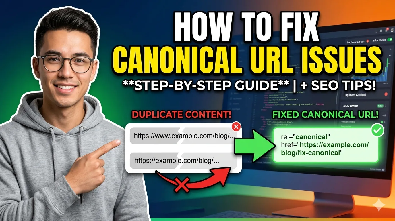 Fix canonical URL issues concept with magnifying glass and code symbols