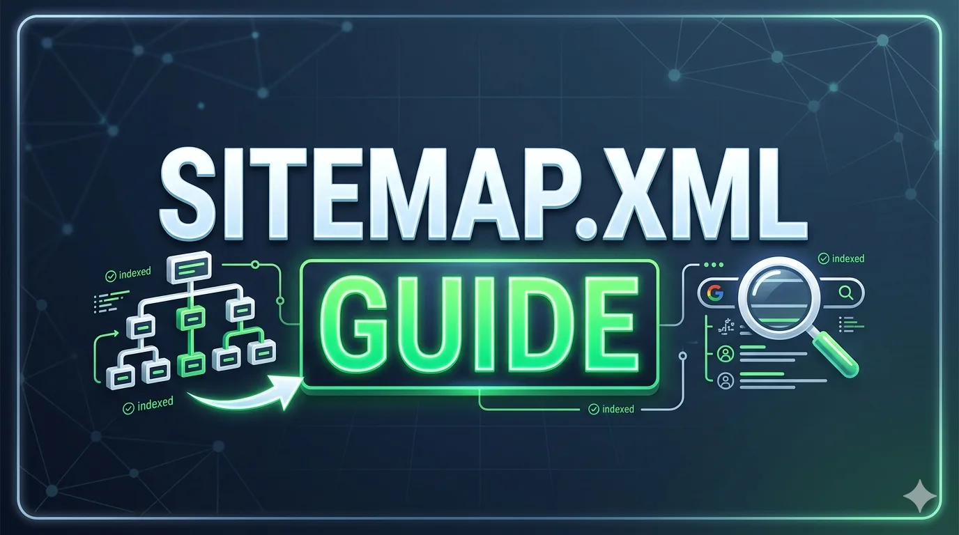 Sitemap.xml guide illustration with magnifying glass and search engine crawlers indexing a modern website