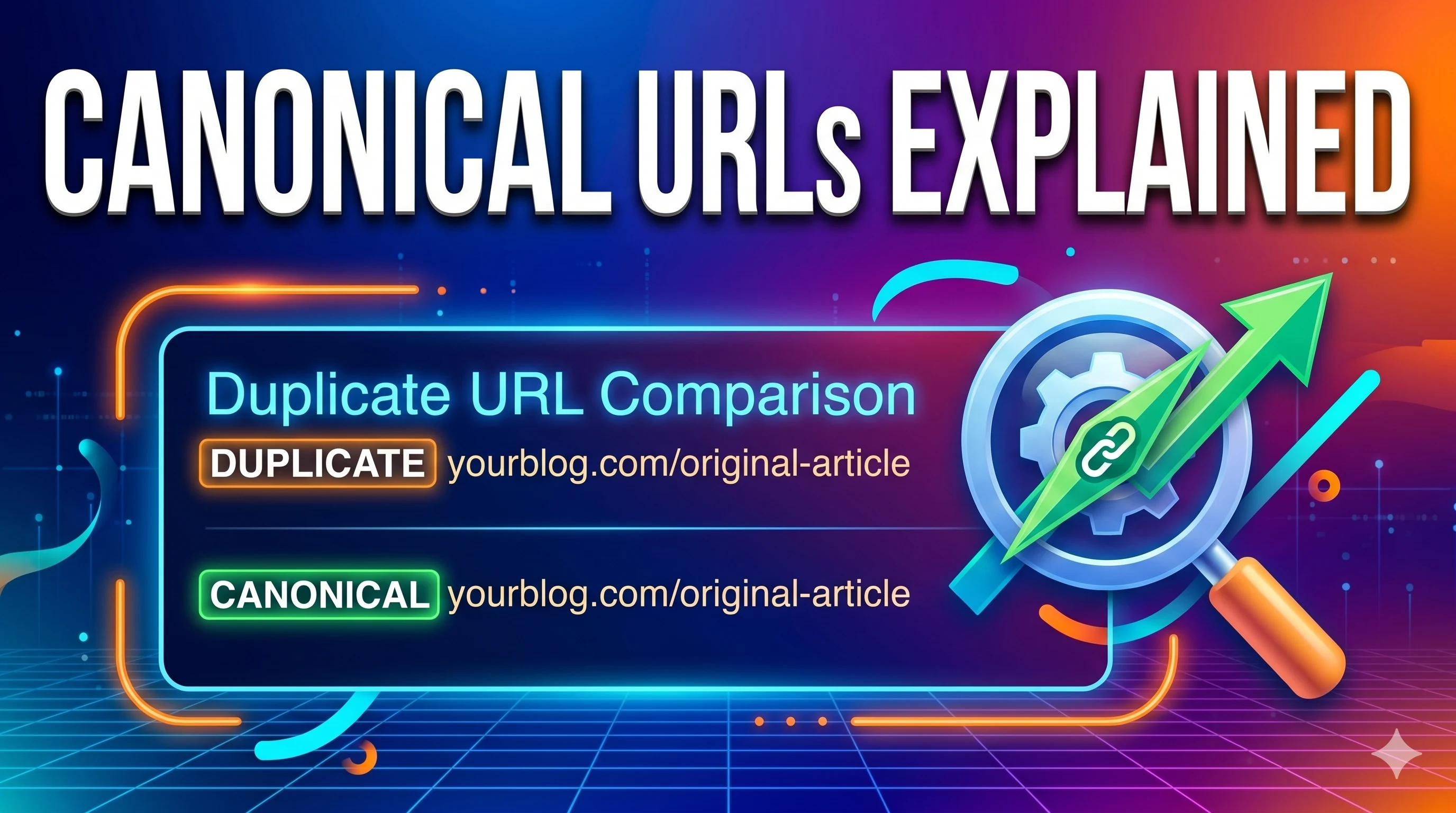 Canonical tags visualization showing multiple URLs pointing to a master canonical document with SEO analytics background