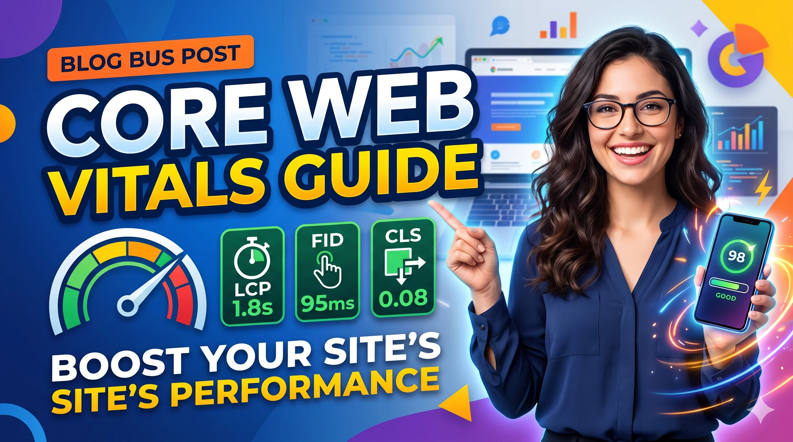 Core Web Vitals guide infographic: LCP, INP, CLS metrics visualized on dashboard