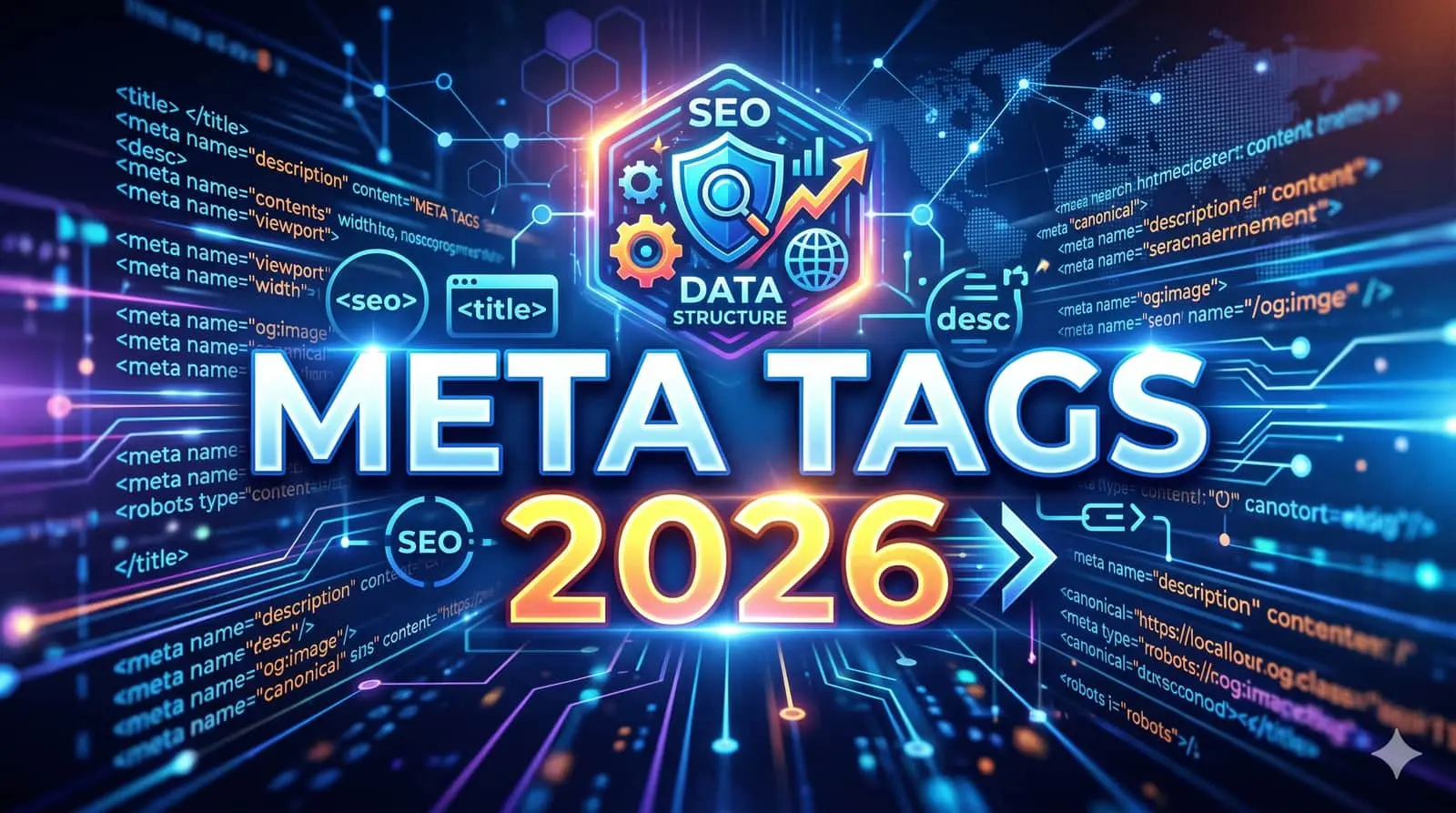 Meta tags 2026 concept: modern SEO dashboard illustration with glowing meta data elements
